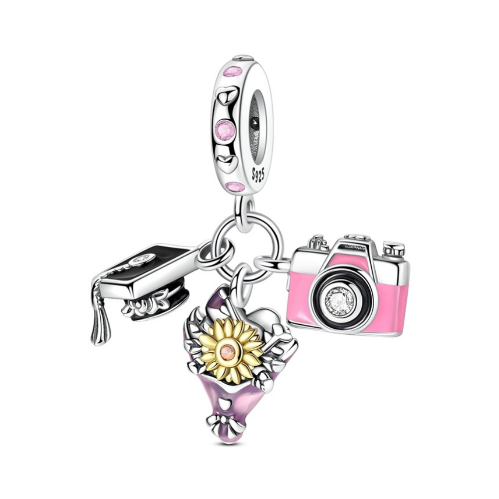 Graduation Memories Camera & Bouquet Triple Dangle Charm