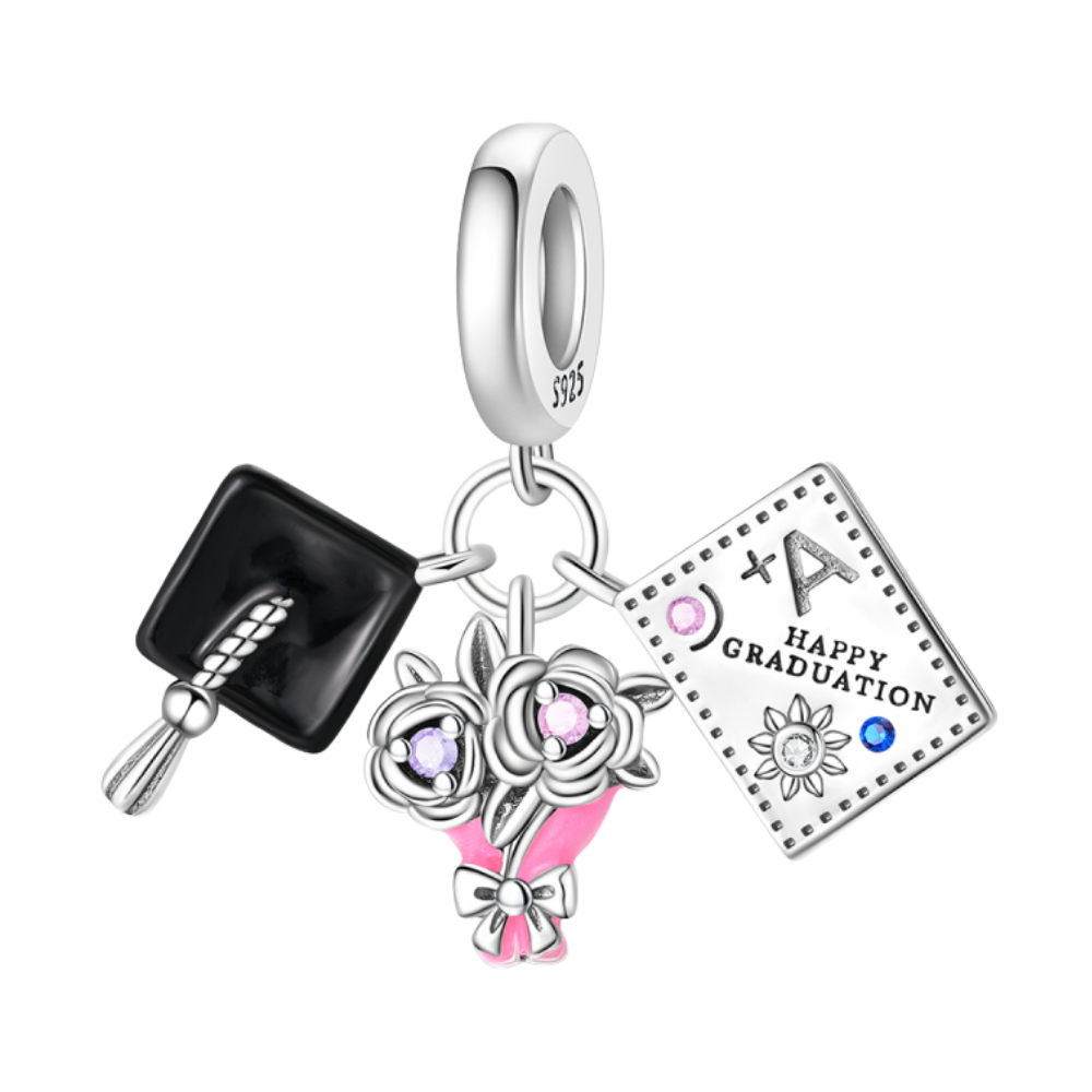 Graduation Success Cap, Flowers & Certificate Triple Dangle Charm