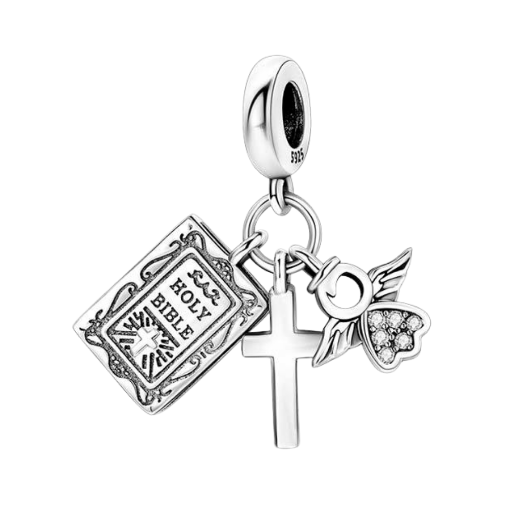 Bible Cross And Angel Triple Dangle Charm