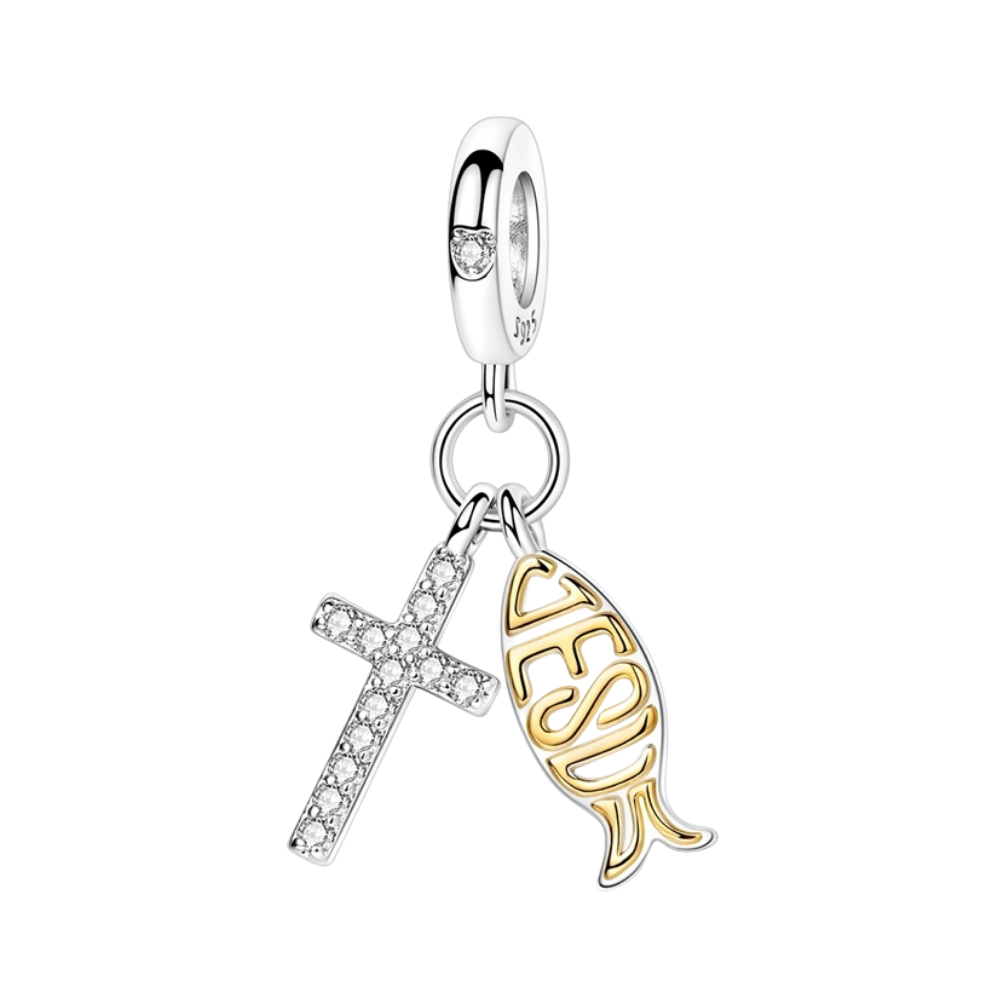 Jesus Cross And Fish Double Dangle Charm