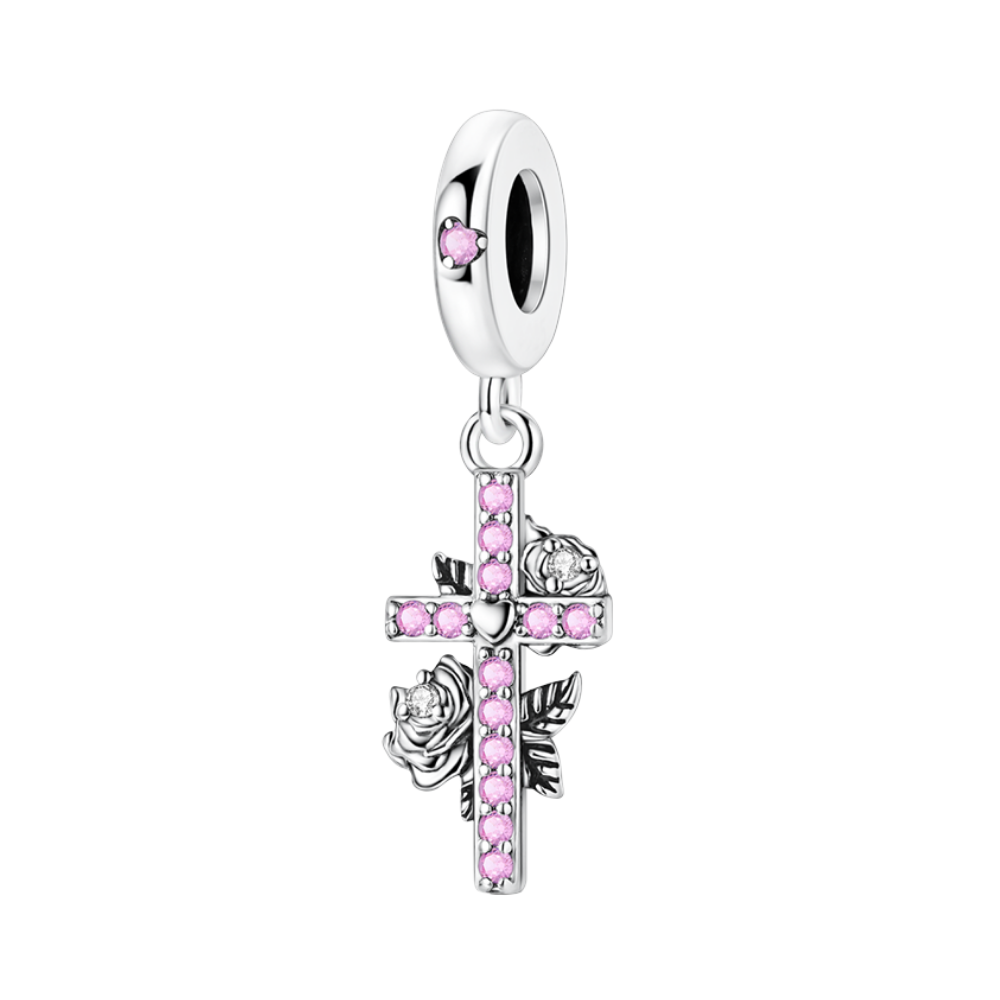 Pink Rose Cross Dangle Charm