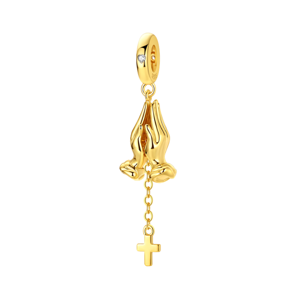 Golden Praying Hands And Cross Dangle Charm
