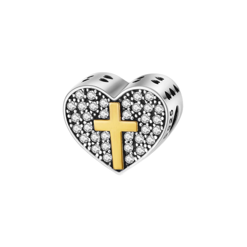 Golden Cross Sparkling Heart Charm